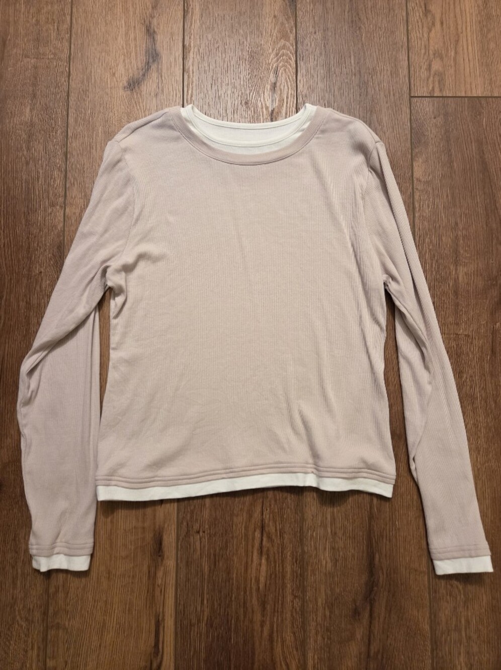 Scoop Women's Long Sleeve Layered Ribbed Tee Light Beige and White
